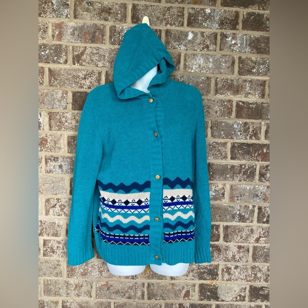 Hooded Sweater Vintage Fair Isle Pockets Size M